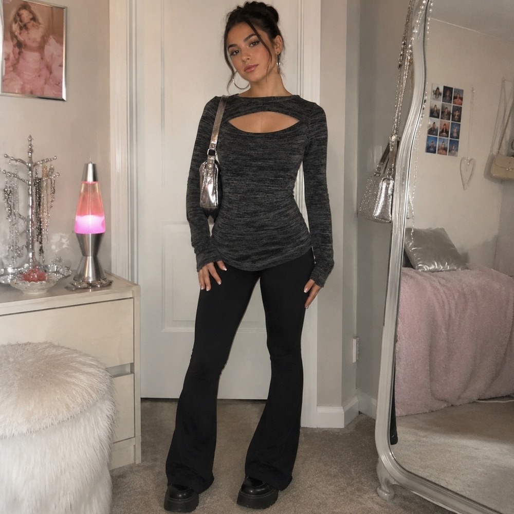 Juicy Couture Womens Grey Space Dye Long Sleeve Cutout Neck Top Size Small